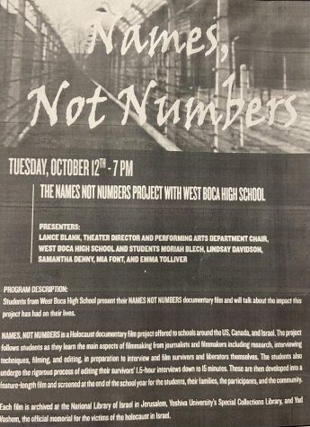 The flier for the Names, Not Numbers documentary by West Boca students and Holocaust survivors.