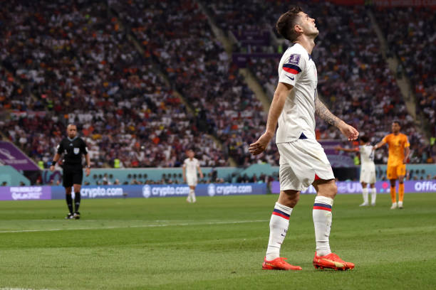 DOHA, QATAR - DECEMBER 03:  Christian Pulisic of United States reacts after a missed chance during the FIFA World Cup Qatar 2022 Round of 16 match between Netherlands and USA at Khalifa International Stadium on December 03, 2022 in Doha, Qatar. (Photo by Maddie Meyer - FIFA/FIFA via Getty Images)