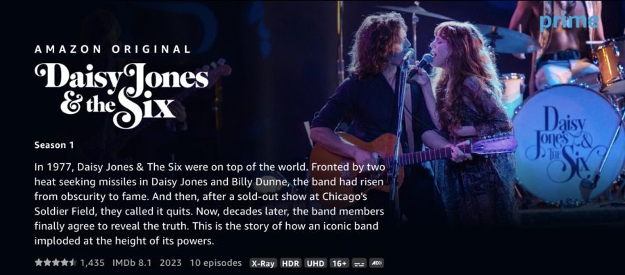 A screenshot of the Amazon Prime Video website, where the synopsis and preview of Daisy Jones & The Six can be seen.
