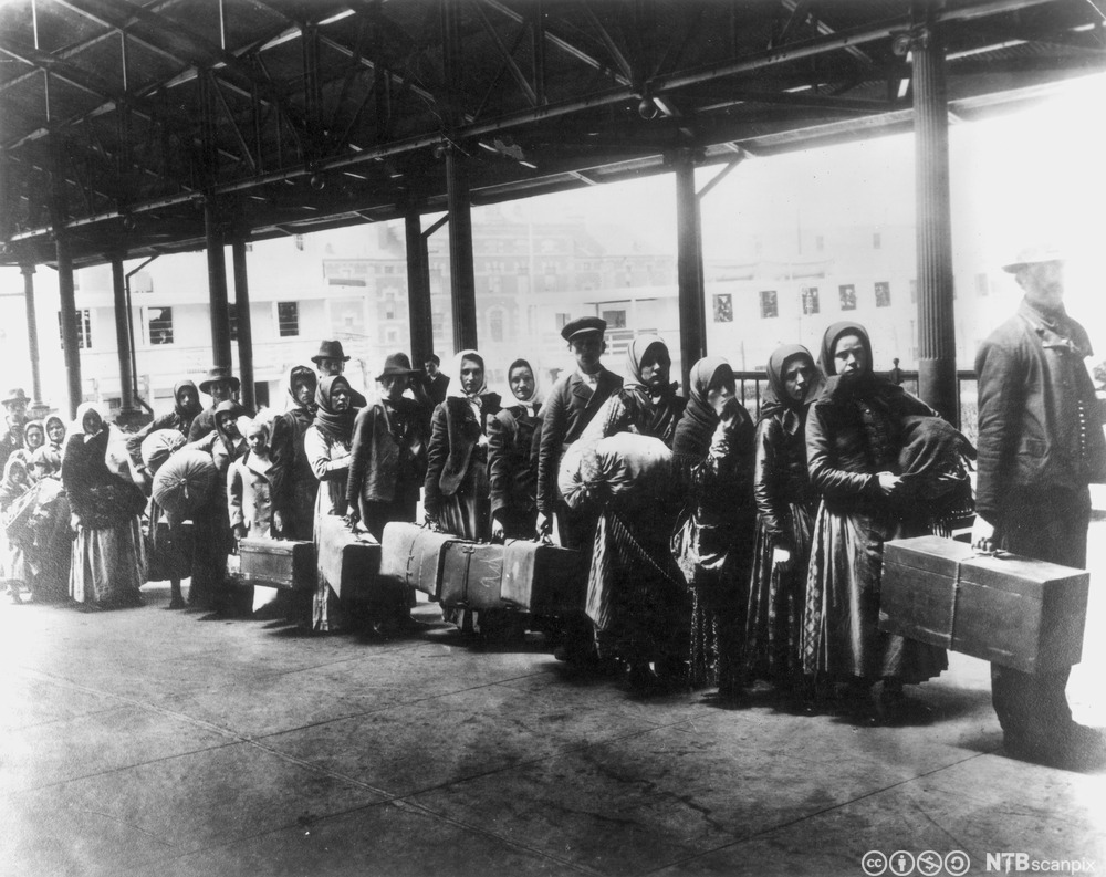 IMMIGRANTS: ELLIS ISLAND. 
Immigrants arriving at Ellis Island, c1900.