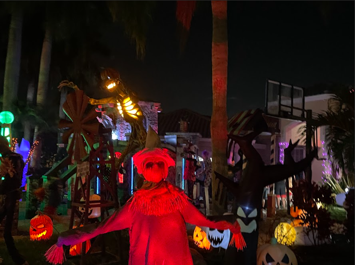 Halloween decorated front yard from festive house in Boca Falls, Florida