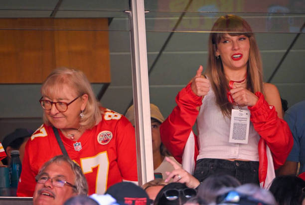 Donna Kelce, left, mother of Chiefs tight end Travis Kelce watched the game with pop superstar Taylor Swift, center, during the first-half on Sunday, Sept. 24, 2023, at GEHA Field at Arrowhead Stadium in Kansas City. (Tammy Ljungblad/Kansas City Star/Tribune News Service via Getty Images)