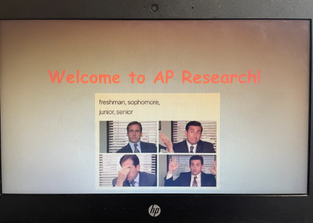 Student computer joins first day of AP Research; Slide with meme