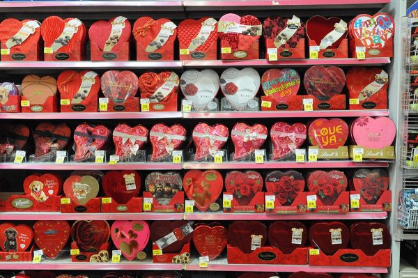 Valentines day candies stock store shelves, from chocolate hearts to bags.