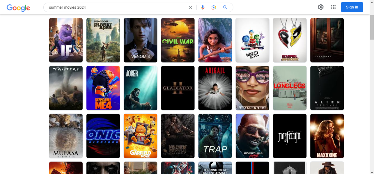 A screenshot of the results when you search Summer 2024 movies!