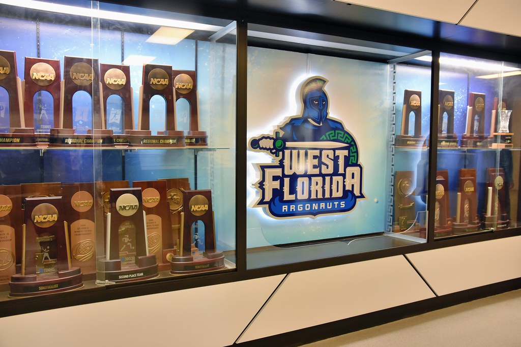 A photo of a trophy case on the University of West Florida campus.