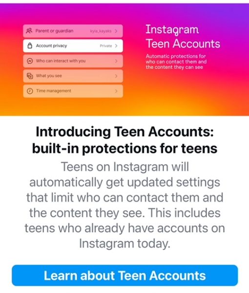 Automatic protective restrictions for teen accounts alert.