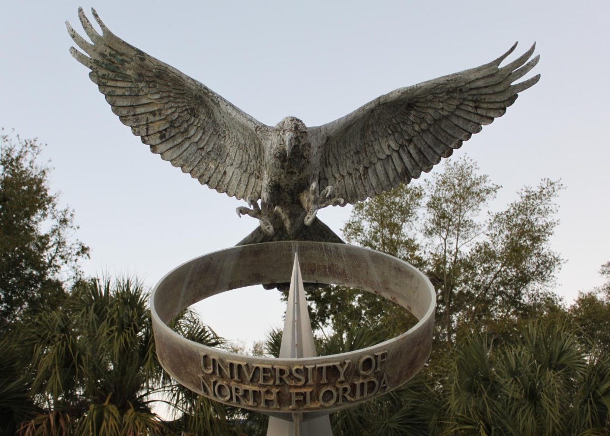 A photo of a statue located at the University of North Florida.