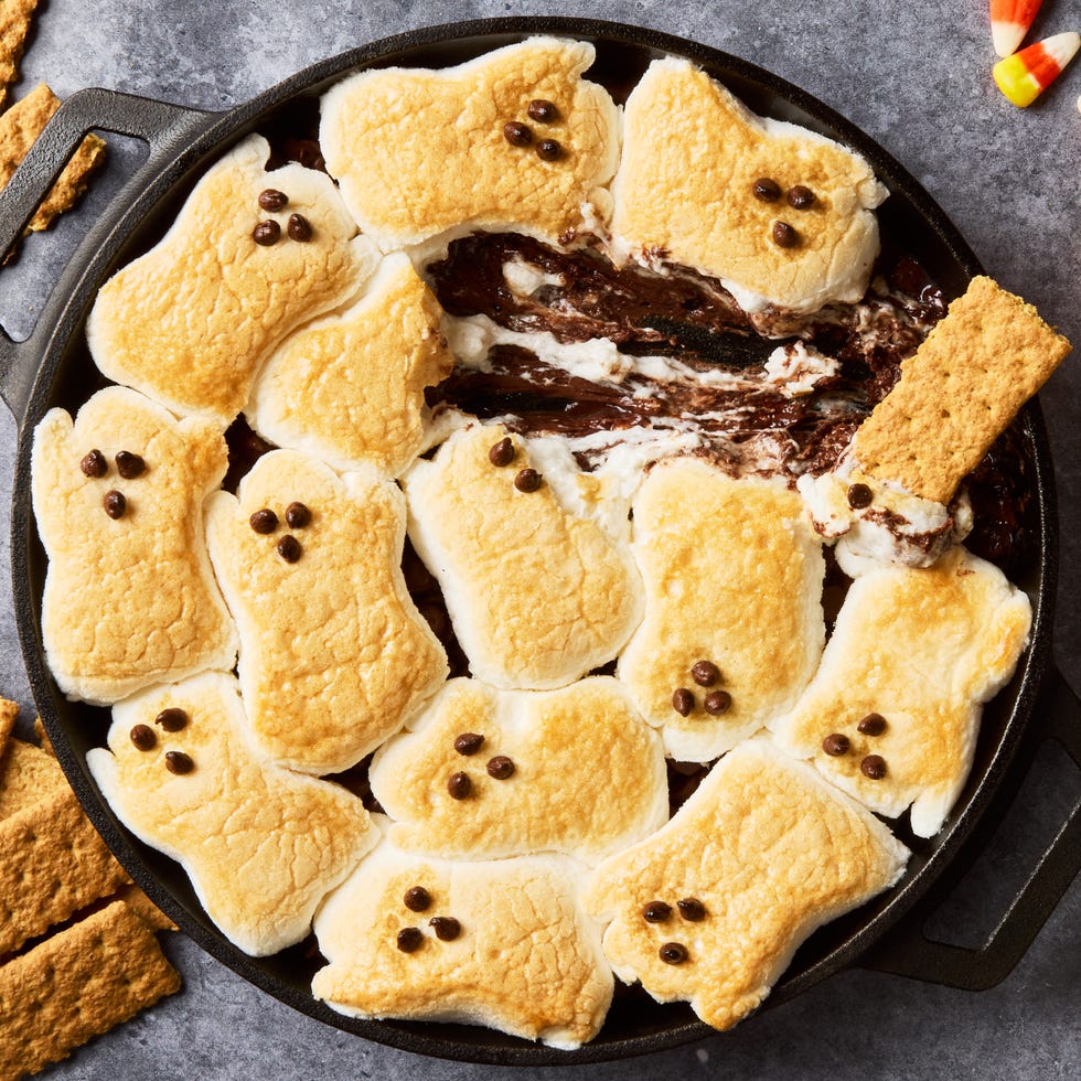 Delicious Ghost S'mores Dip in a 9 inch baking pan.