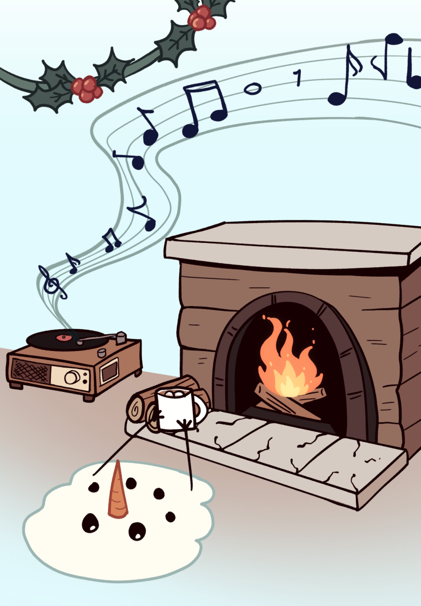 A cutie image of a snowman getting cozy in front of a fireplace. 