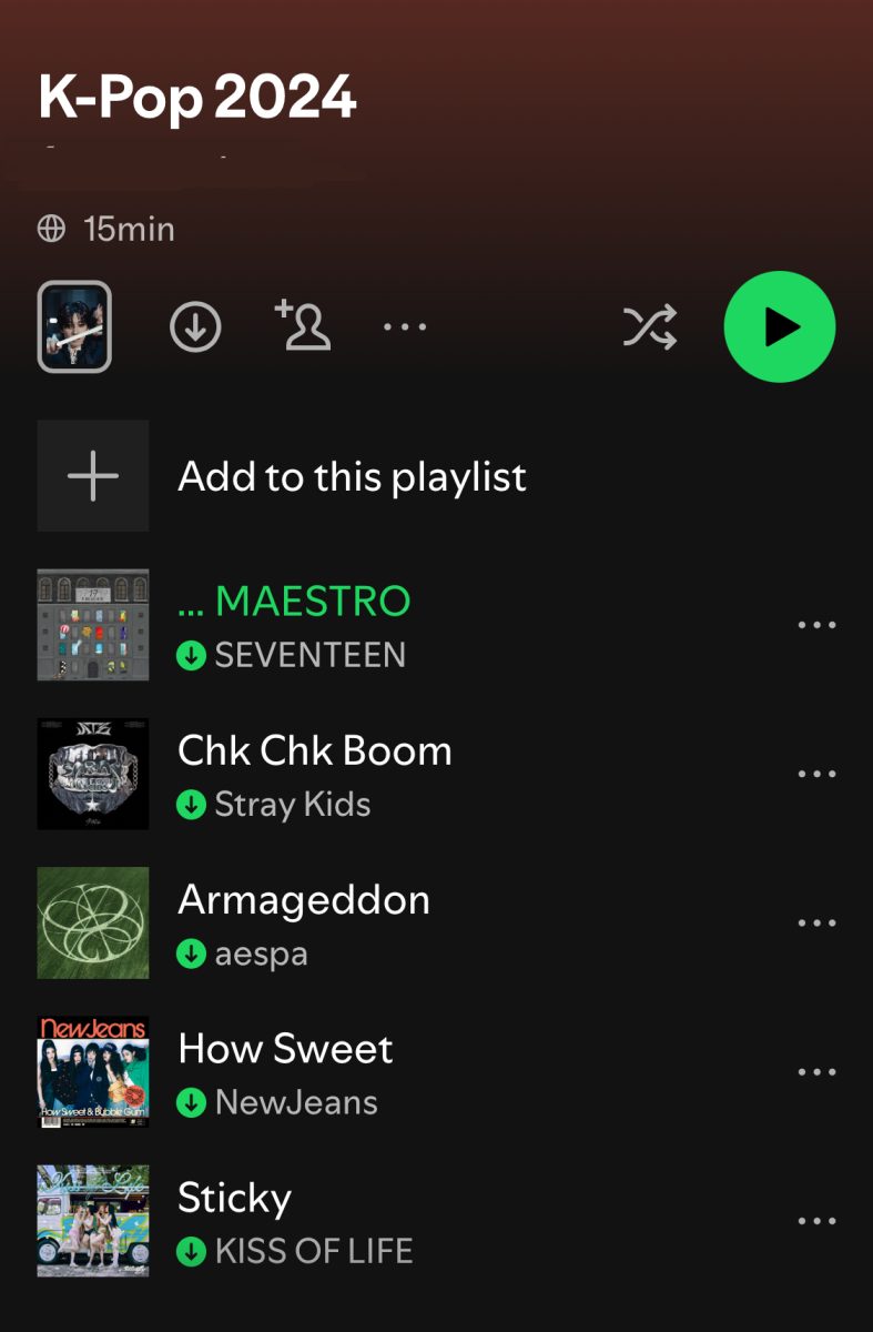 Screenshot of ,self-made, 2024 K-Pop playlist. Consists of artists by the names of Seventeen, Stray Kids, Aespa, NewJeans, and Kiss of Life.