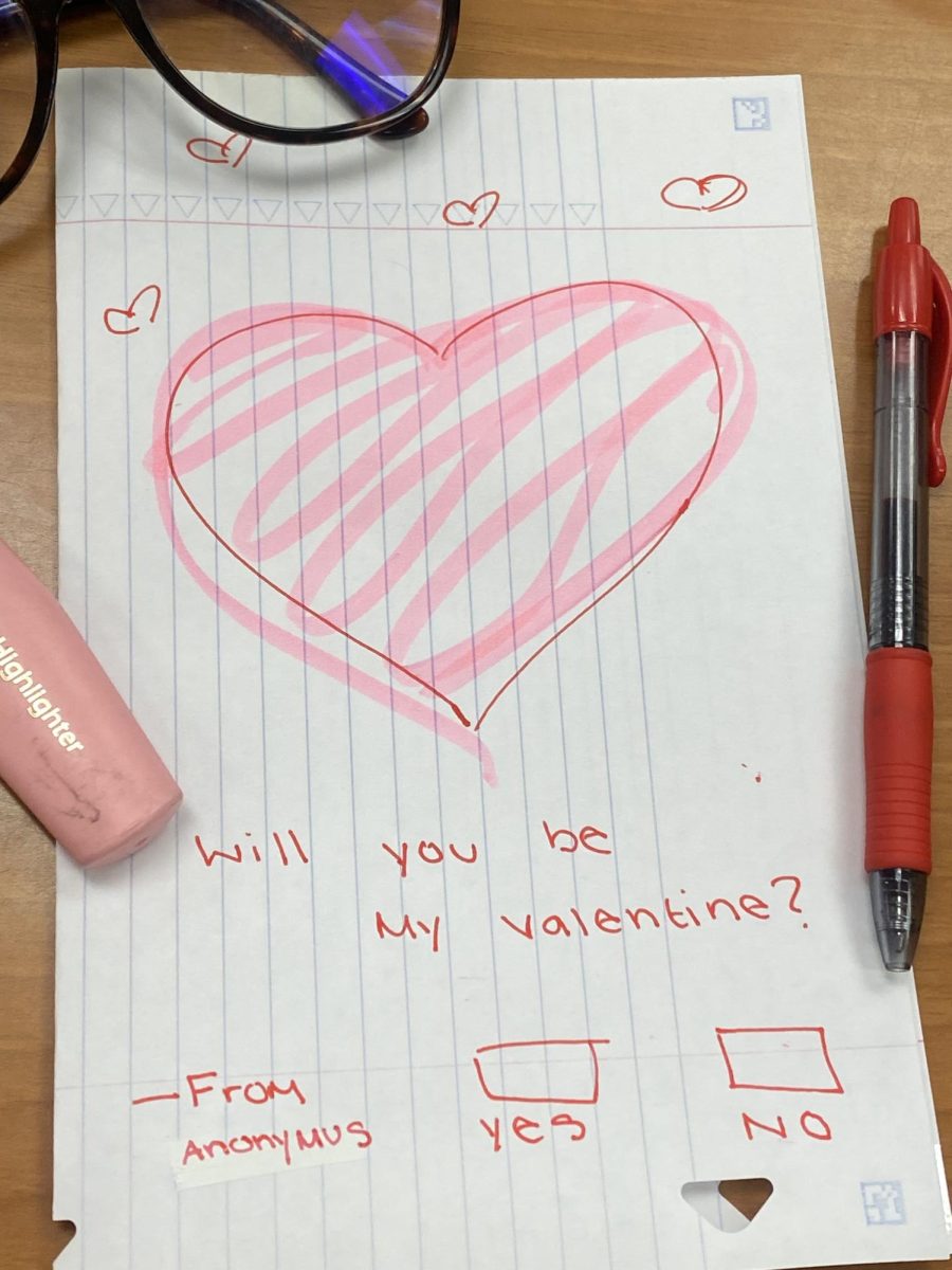 Valentines Day card. On the card there is a heart with the phrase "WIll you be my valentine?" below it. There are 2 check boxes labeled "yes" and "no."