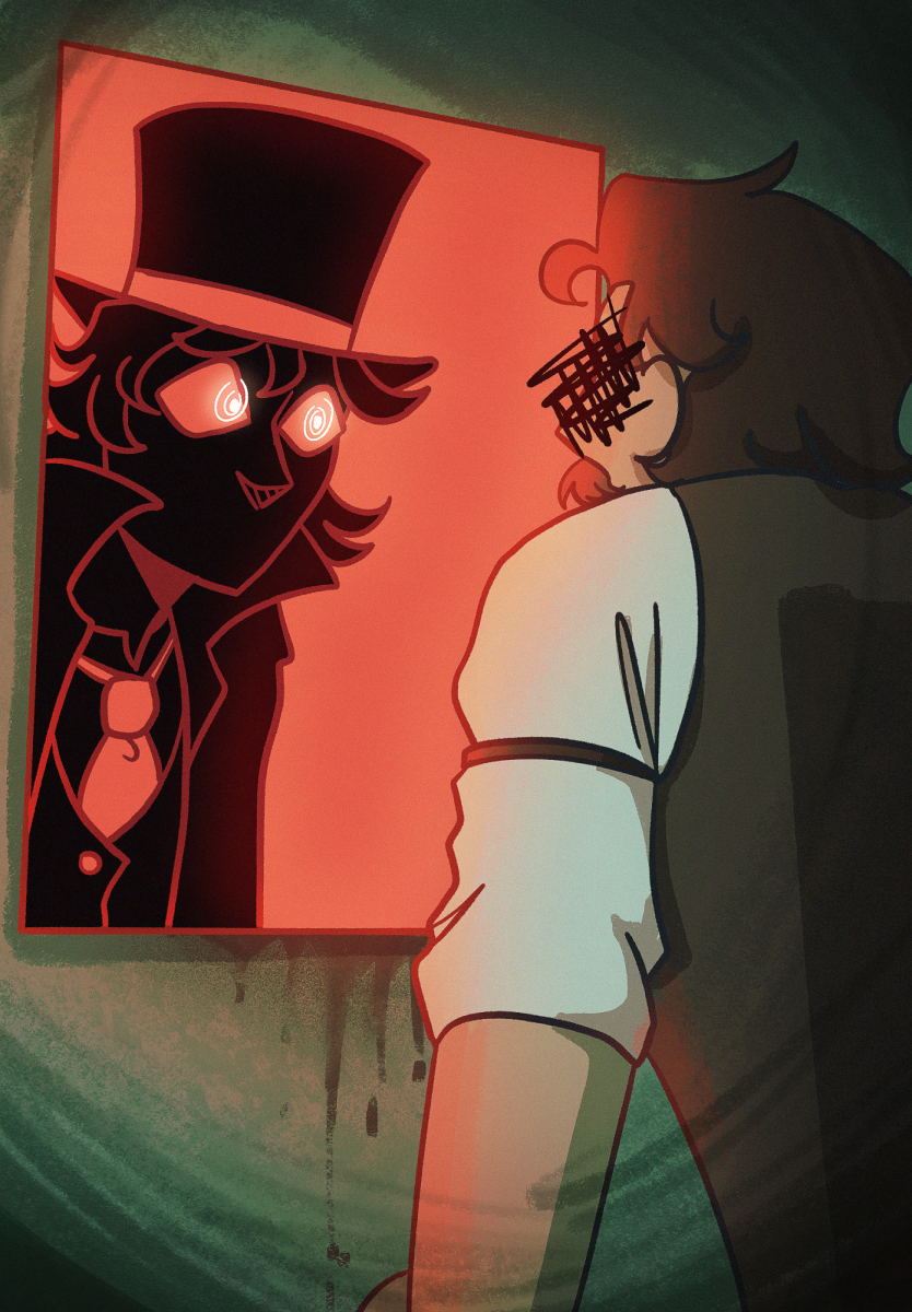 Man looking at a shadow figure in the mirror (representing the mystery of the secret identity of Jack the Ripper).