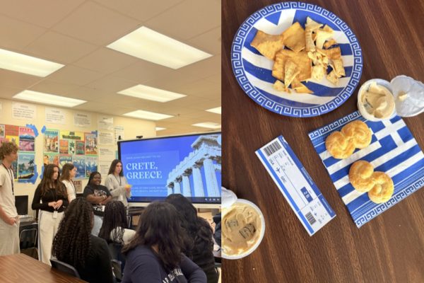 A 9th-grade group presents their Greece project, bringing cultural snacks like chips and cookies, and boarding tickets for their classmates.